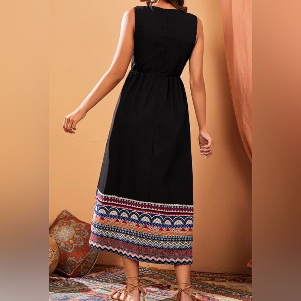 Boho Geo Print Sleeveless Tassel Dress